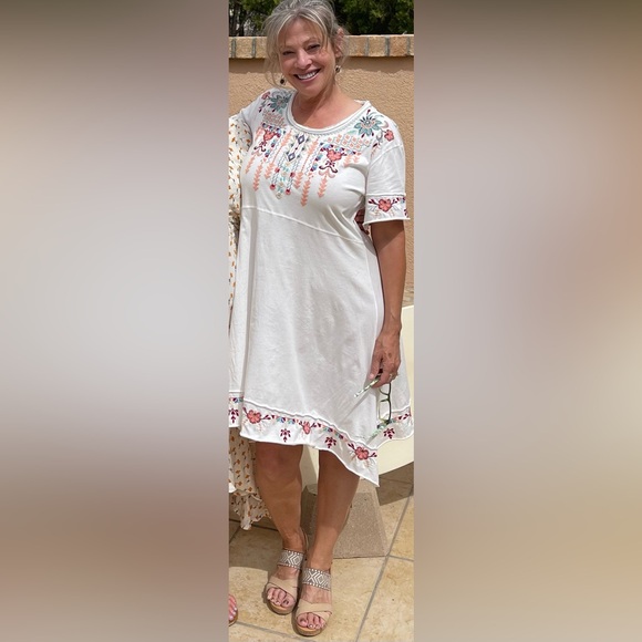 Johnny Was Knit Dress with handkerchief hem with floral embroidery. - Picture 3 of 7